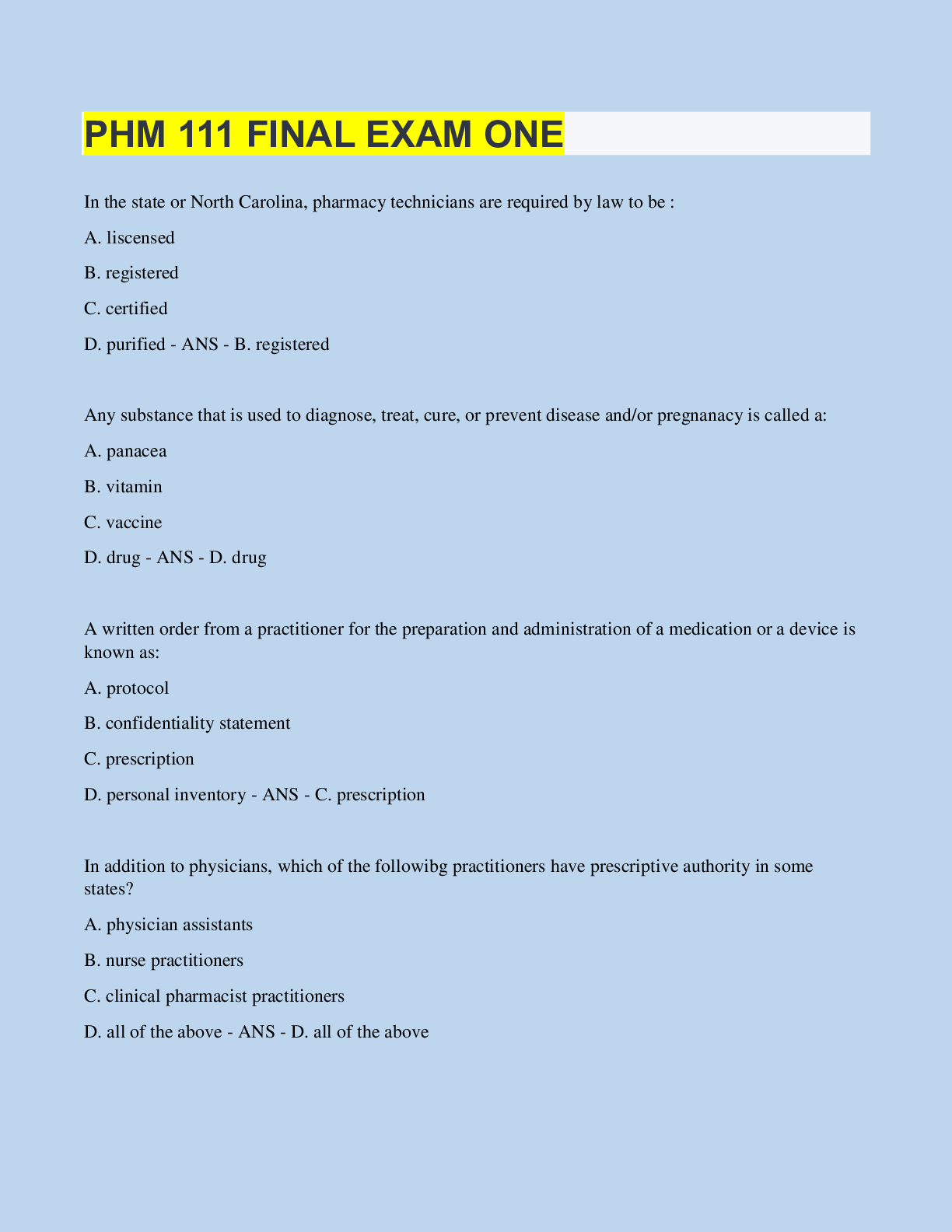 PHM 111 FINAL EXAM ONE 100 Correct Answers Verified Browsegrades